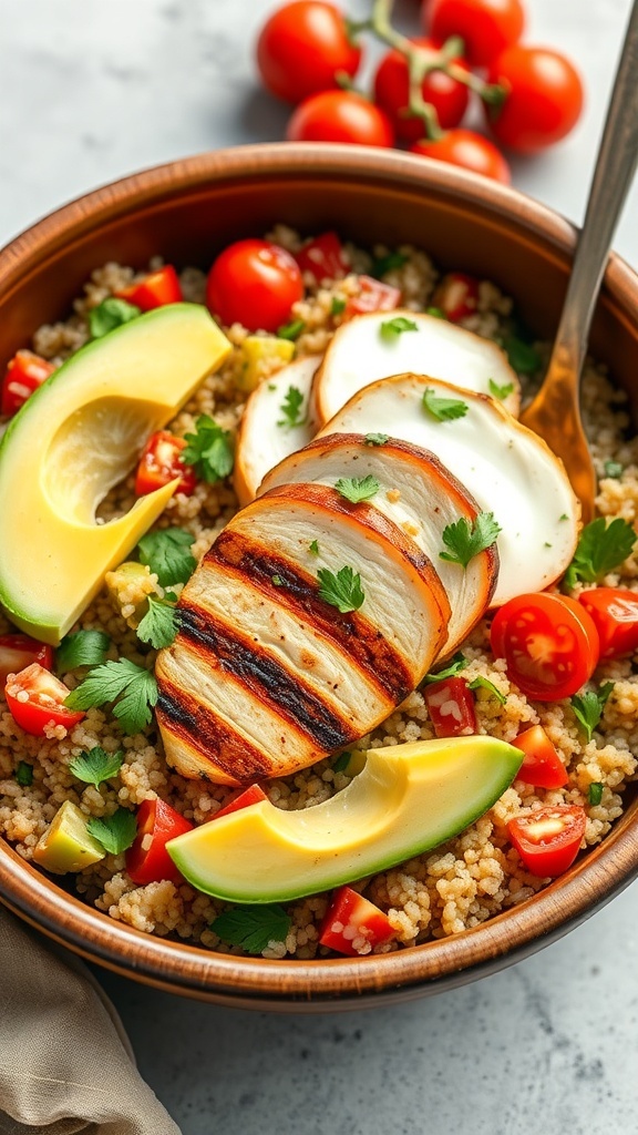 Grilled chicken slices on quinoa pilaf with avocado and cherry tomatoes in a rustic bowl.